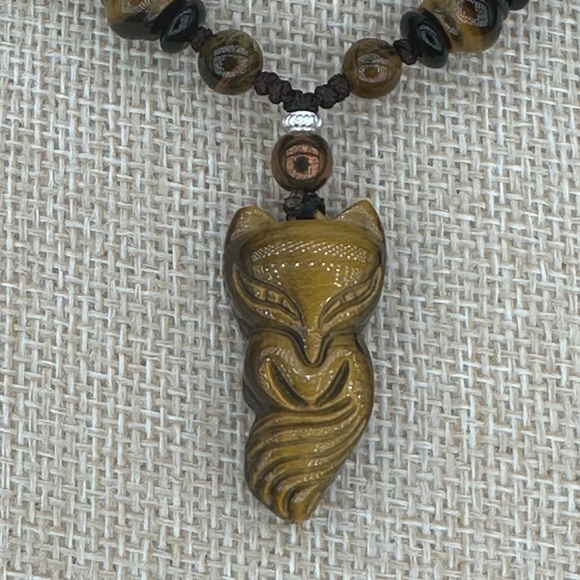 Tiger’s Eye Nine Tail Fox Pendant Necklace with Silver and Hematite on Rope - Picture 6 of 7